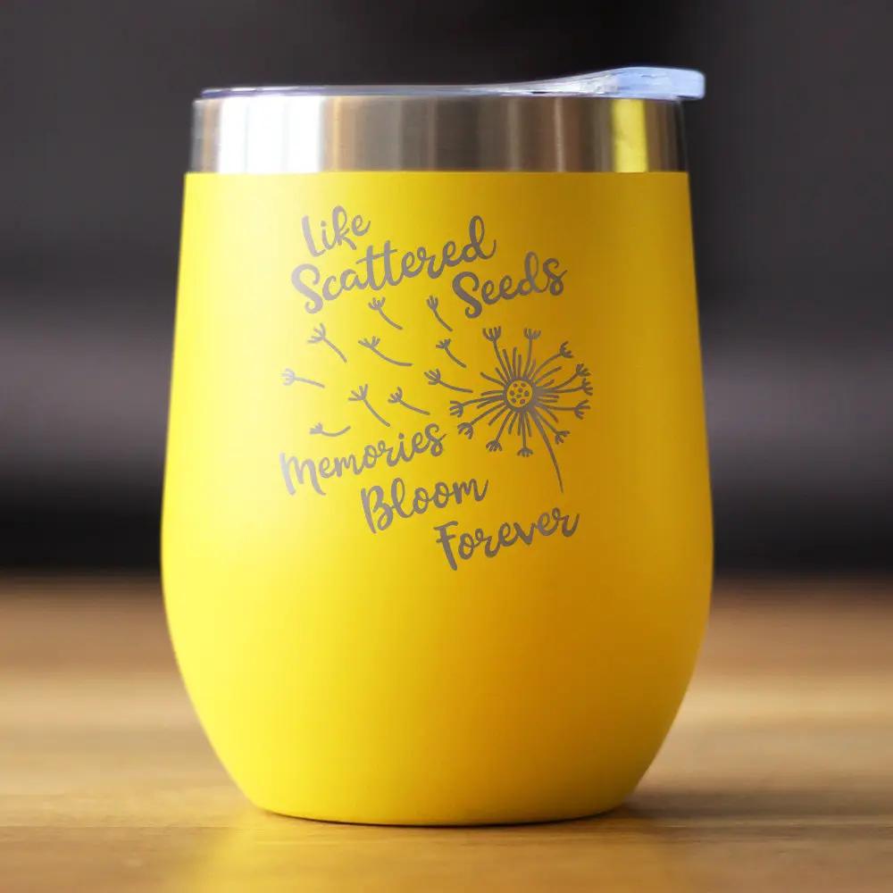 Memories Bloom Forever Dandelion Wine Tumbler | 12 Oz Double Wall Stainless Steel | Sliding Lid | Bereavement Memorial Gifts