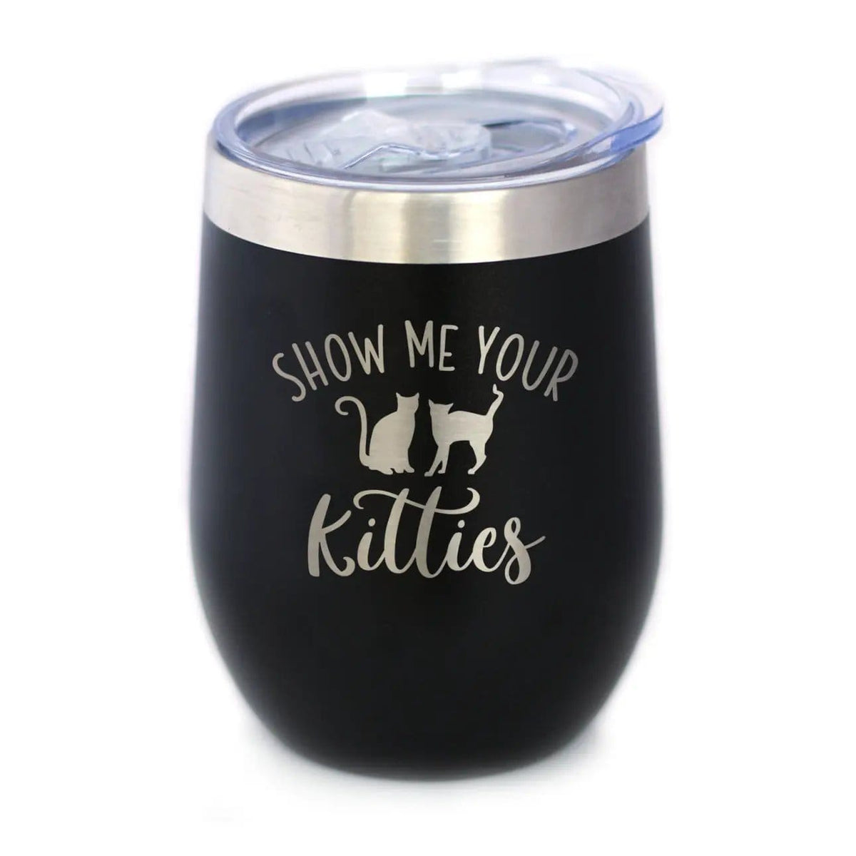 Insulated Stemless Wine Tumbler | 12 oz Stainless Steel | Sliding Lid | Show Me Your Kitties