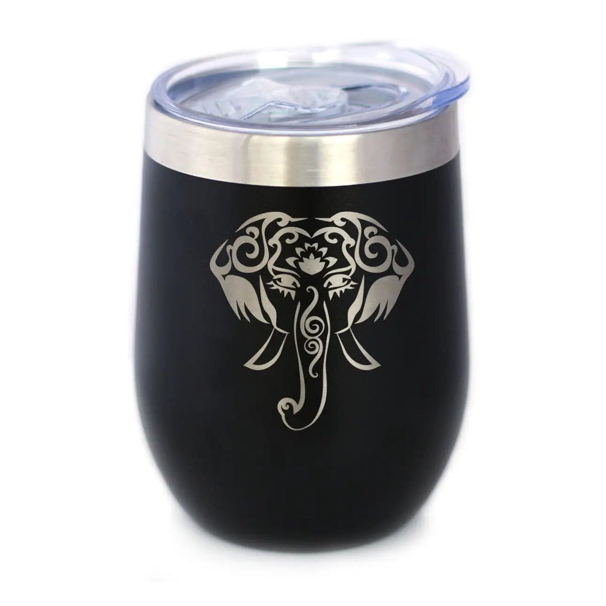 Insulated Stemless Wine Tumbler | 12 oz Stainless Steel | Sliding Lid | Elephant Boho