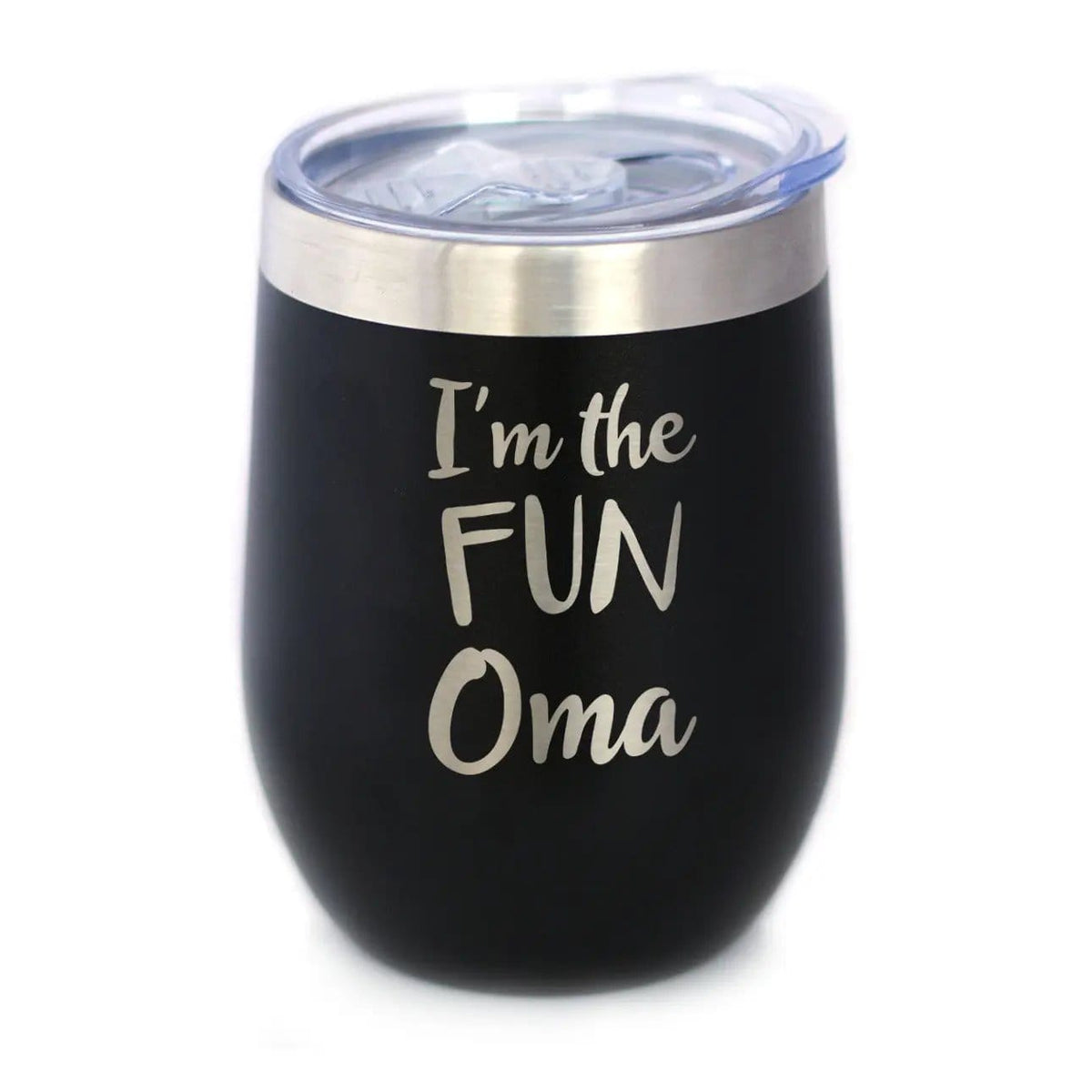Insulated Stemless Wine Tumbler | 12 oz Stainless Steel | Sliding Lid | I'm the Fun Oma