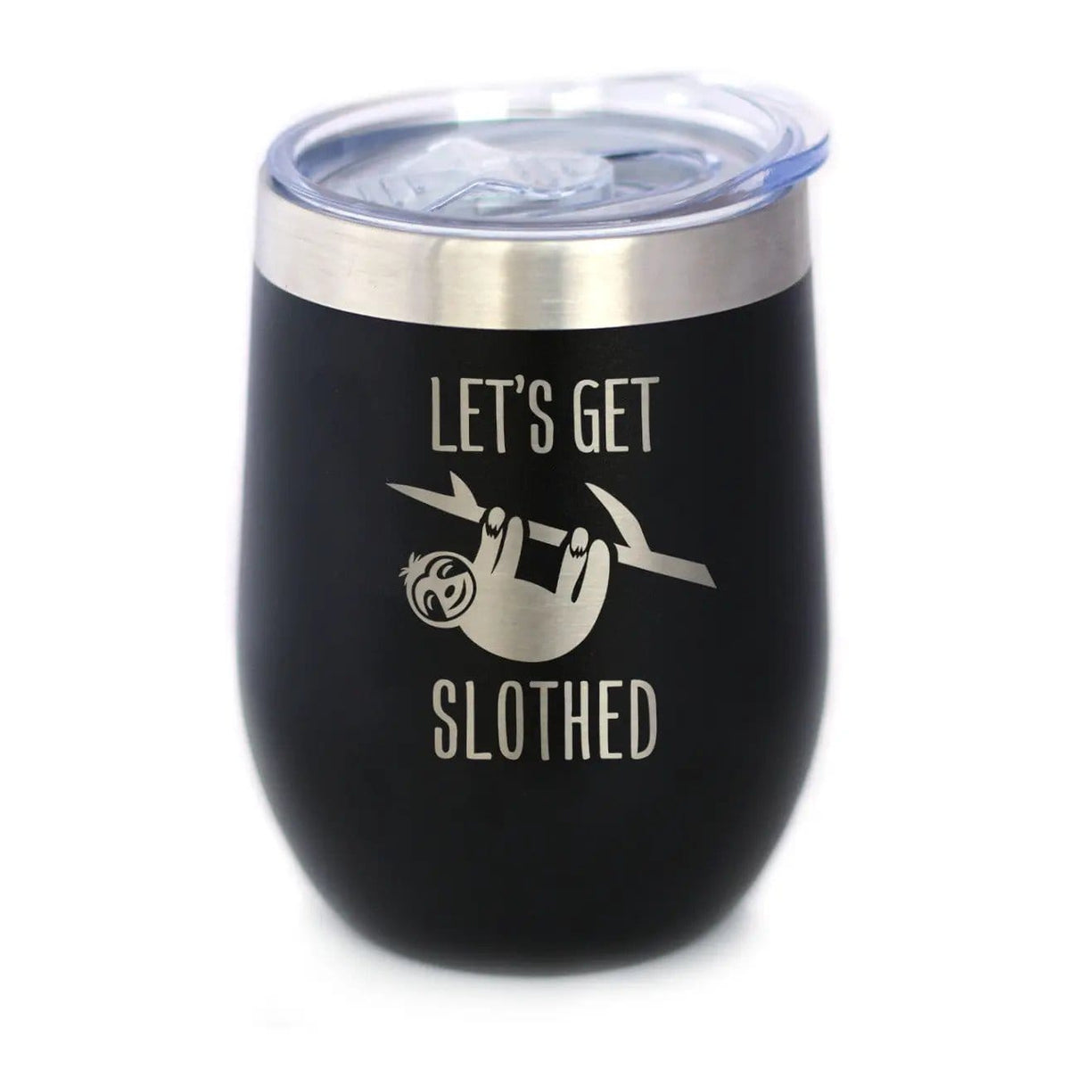 Insulated Stemless Wine Tumbler | 12 oz Stainless Steel | Sliding Lid | Let's Get Slothed