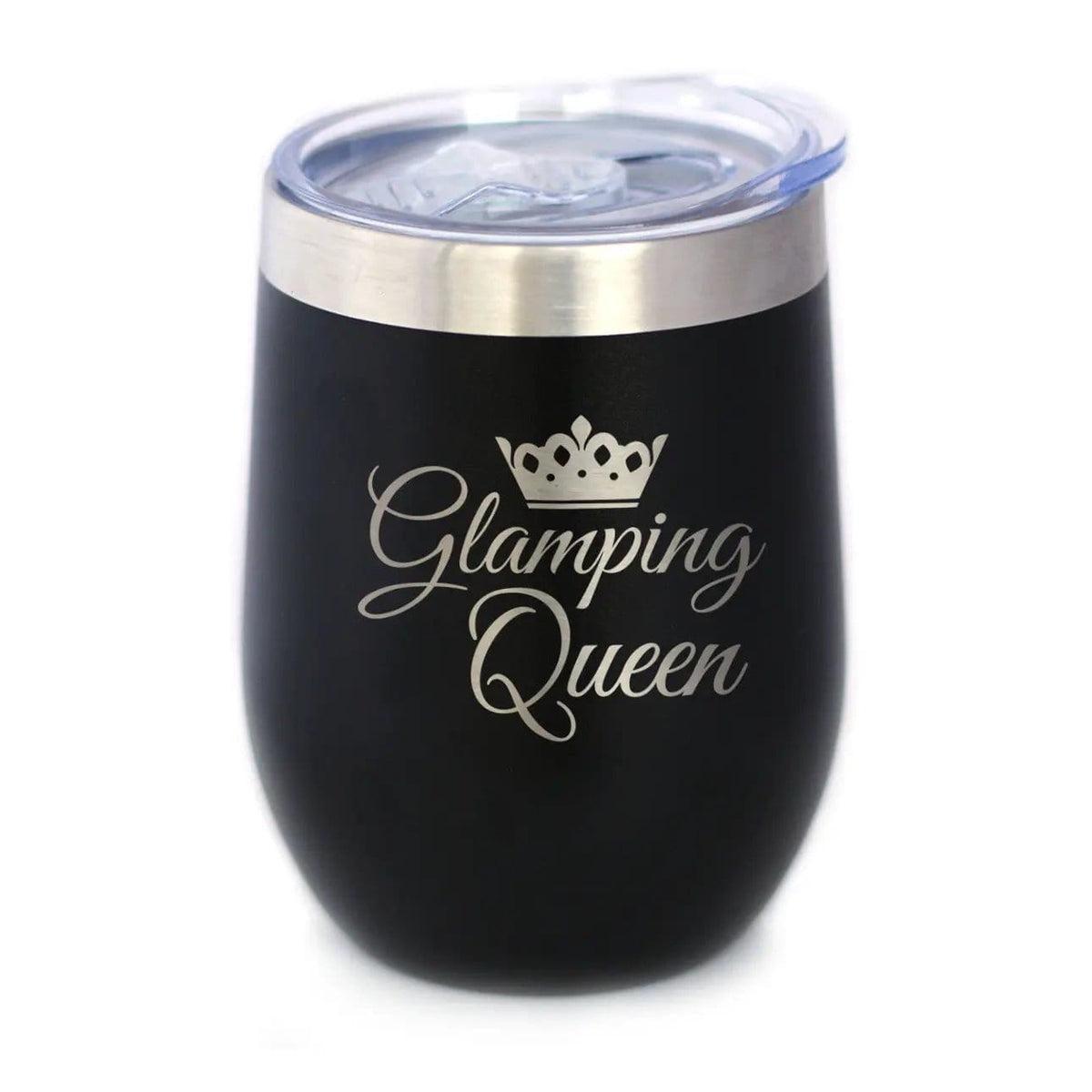 Insulated Stemless Wine Tumbler | 12 oz Stainless Steel | Sliding Lid | Glamping Queen
