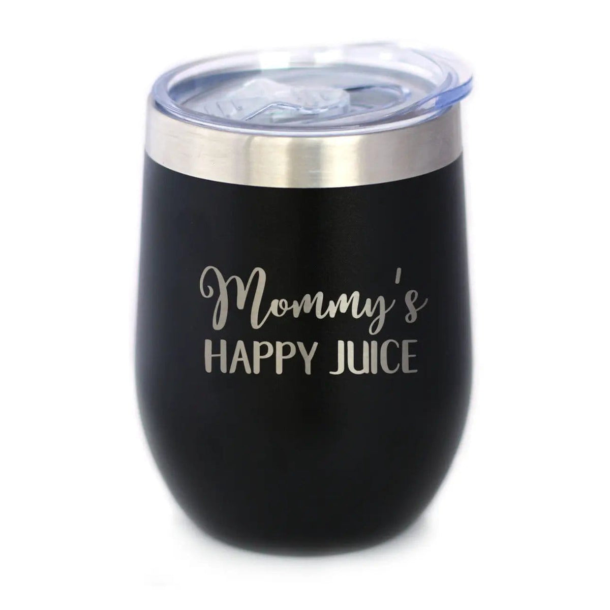 Insulated Stemless Wine Tumbler | 12 oz Stainless Steel | Sliding Lid | Mommy's Happy Juice