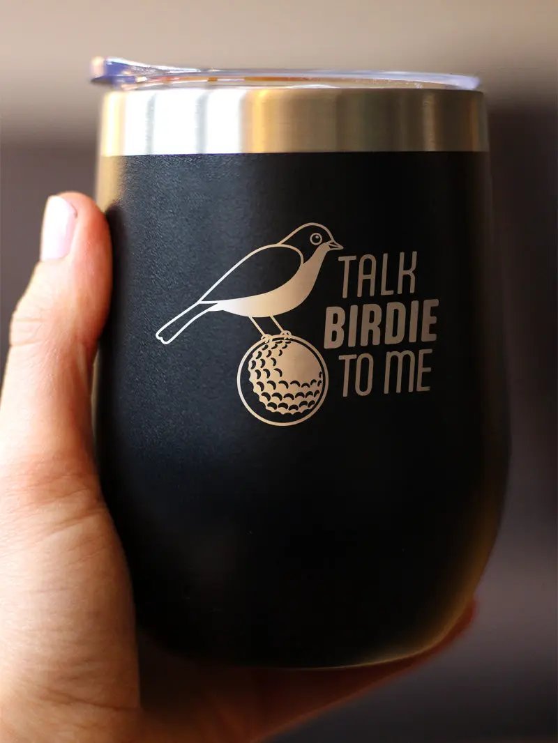 Funny Golf Gifts Wine Tumbler | 12 Oz Double Wall Stainless Steel | Sliding Lid | Talk Birdie to Me