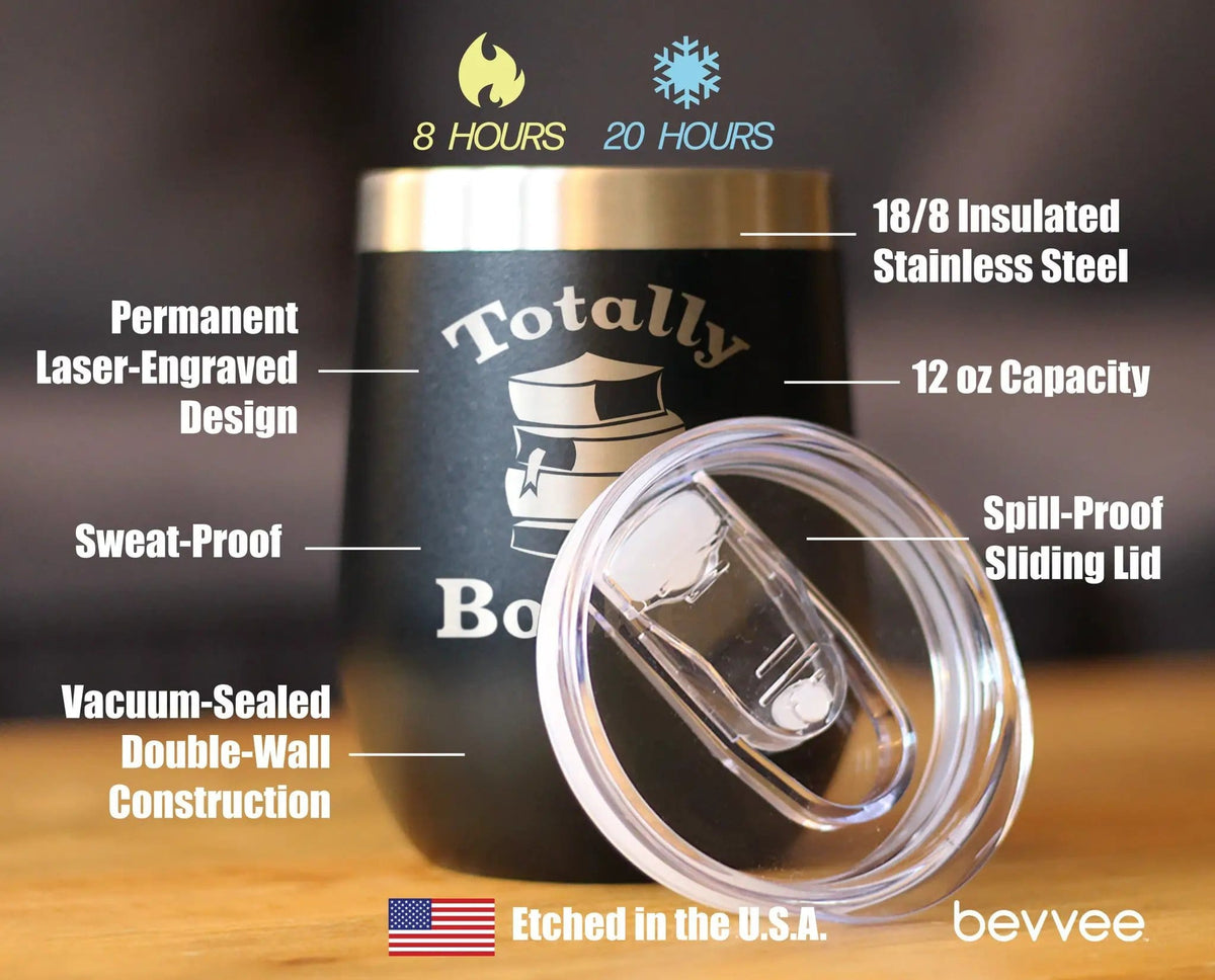 Insulated Stemless Wine Tumbler | 12 oz Stainless Steel | Sliding Lid | Totally Booked