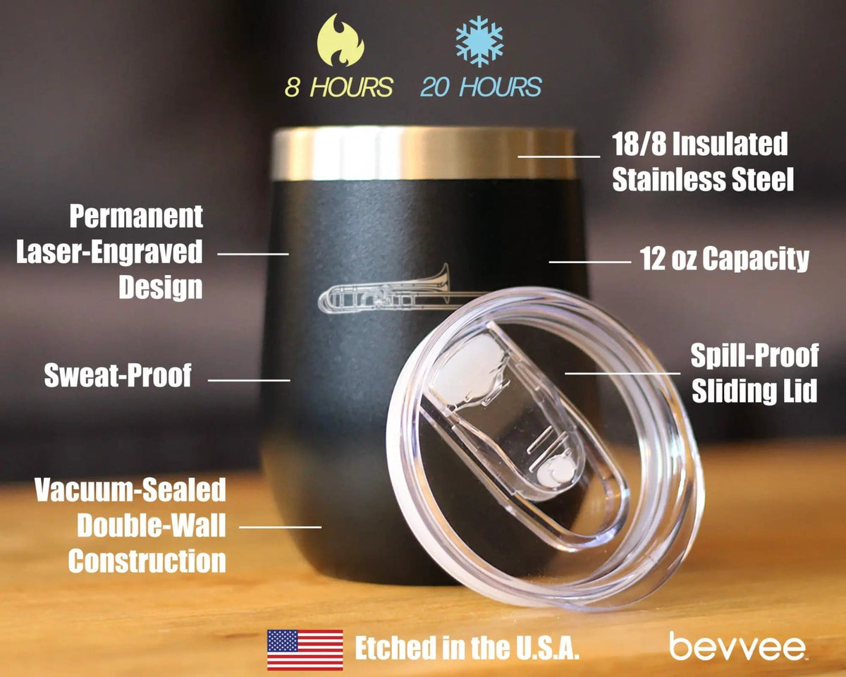 Insulated Coffee Tumbler | 12 oz Stainless Steel | Sliding Lid | Trombone (Style 2)