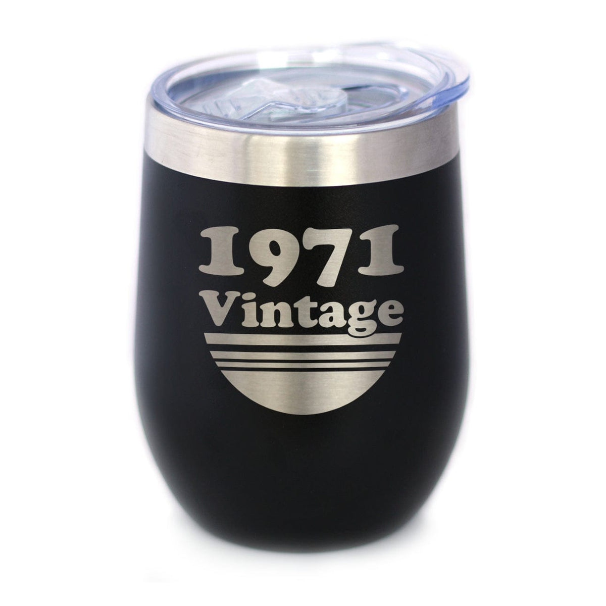Insulated Stemless Wine Tumbler | 12 oz Stainless Steel | Sliding Lid | Vintage 1971