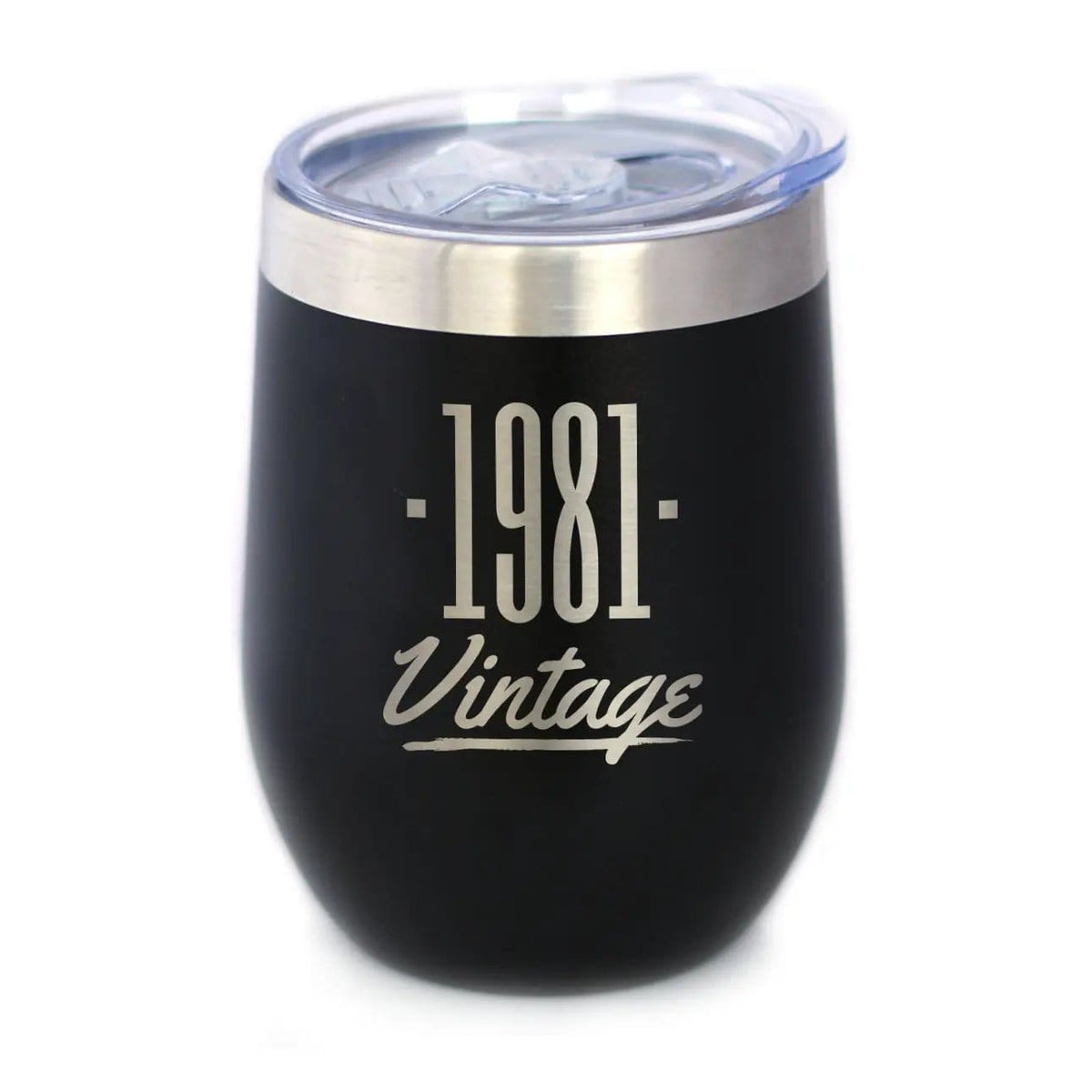 Insulated Stemless Wine Tumbler | 12 oz Stainless Steel | Sliding Lid | Vintage 1981