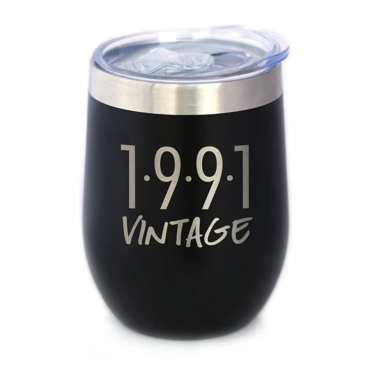 Insulated Stemless Wine Tumbler | 12 oz Stainless Steel | Sliding Lid | Vintage 1991