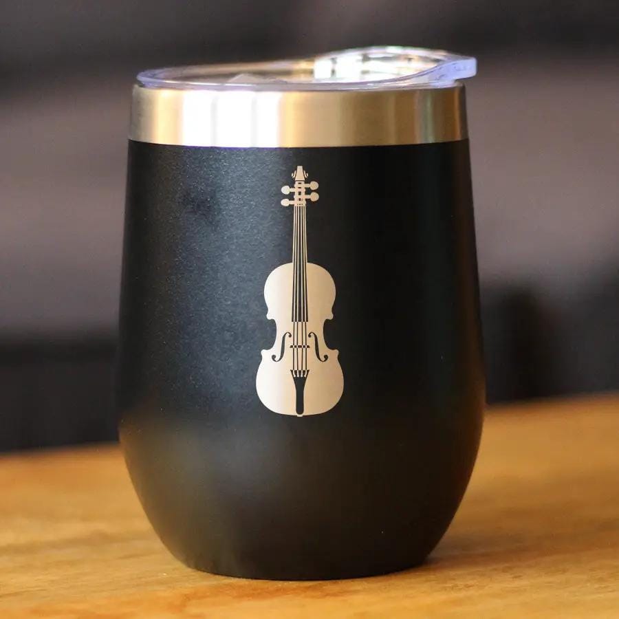 Insulated Stemless Wine Tumbler | 12 oz Stainless Steel | Sliding Lid | Violin