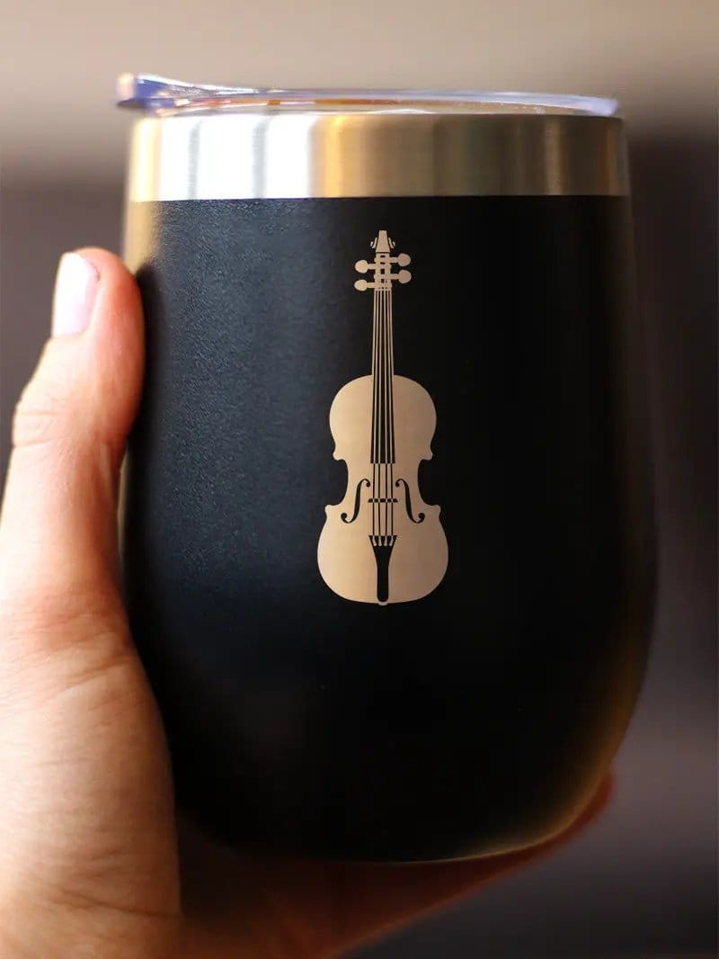Insulated Stemless Wine Tumbler | 12 oz Stainless Steel | Sliding Lid | Violin