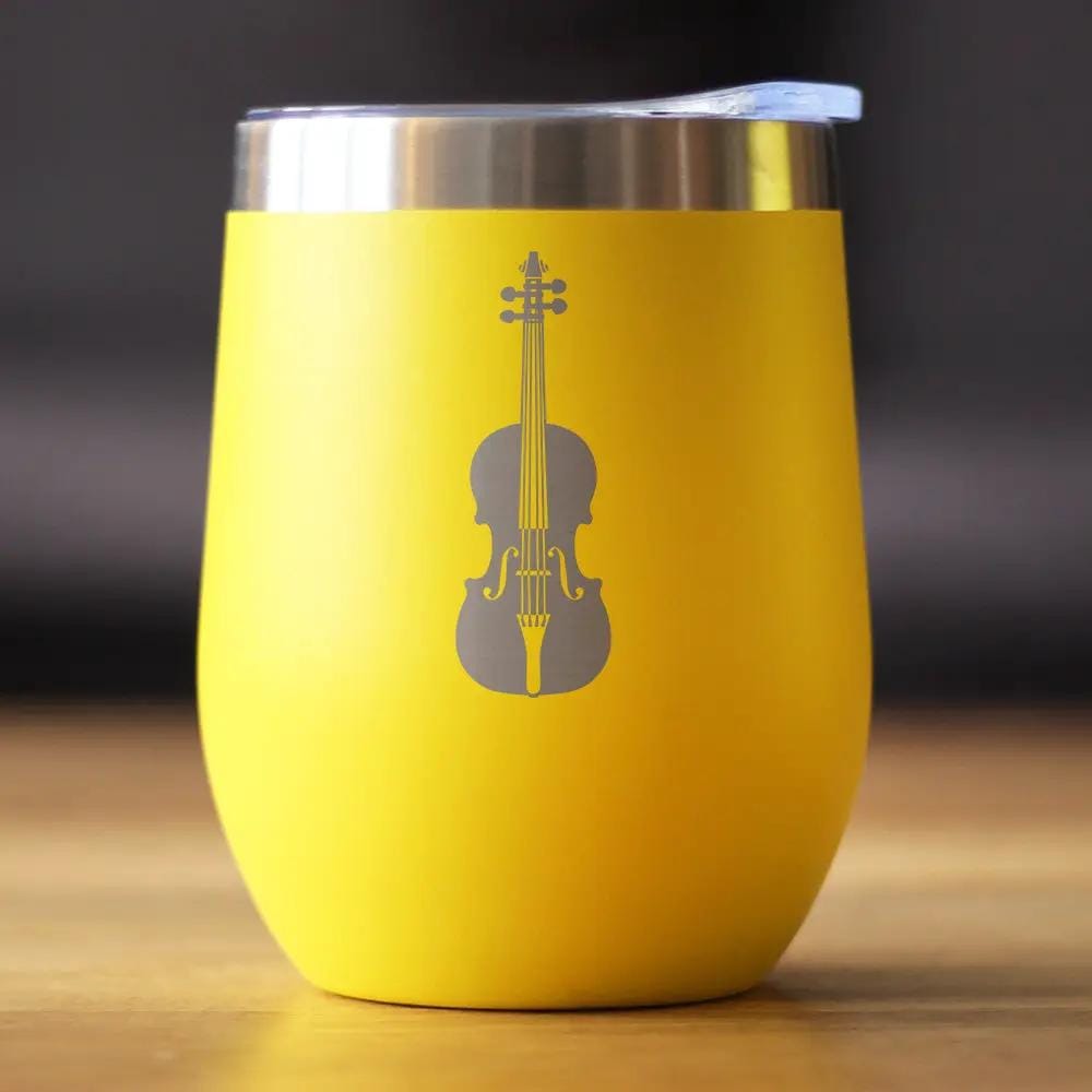 Insulated Stemless Wine Tumbler | 12 oz Stainless Steel | Sliding Lid | Violin