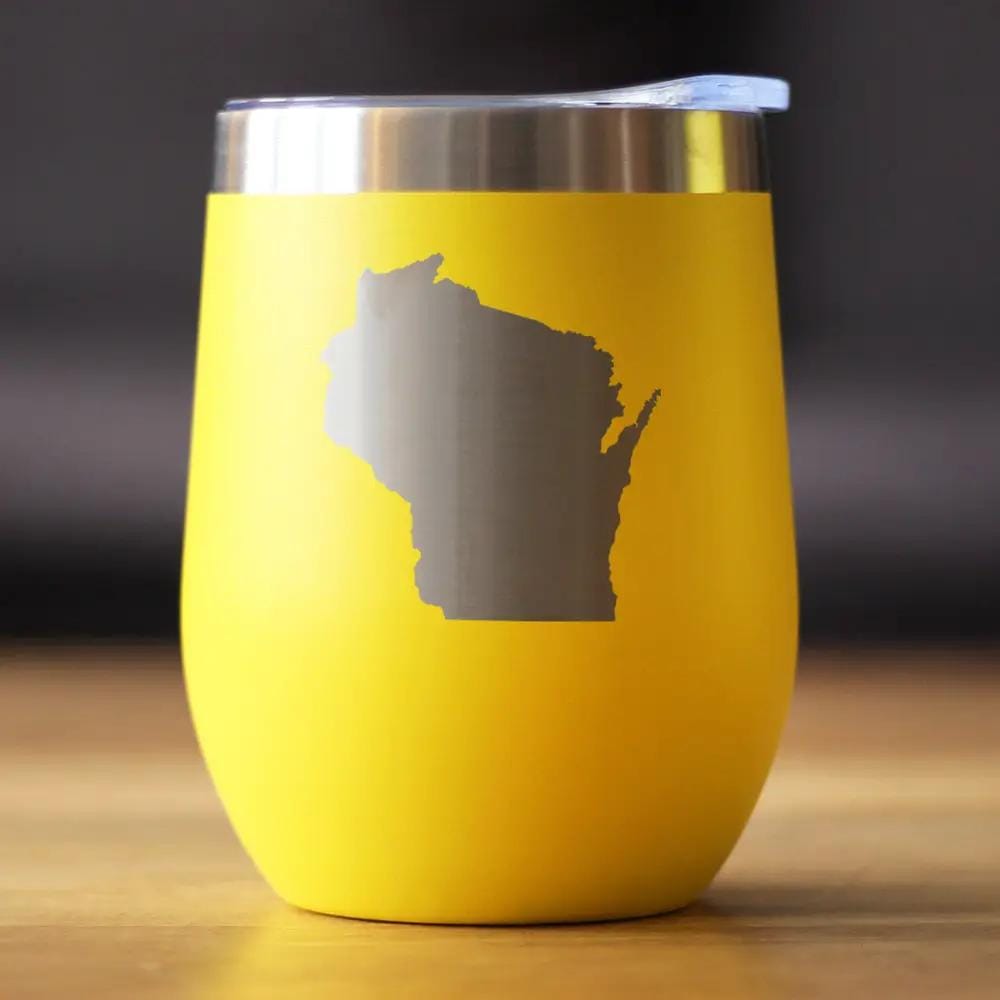 Insulated Stemless Wine Tumbler | 12 oz Stainless Steel | Sliding Lid | Wisconsin State Outline