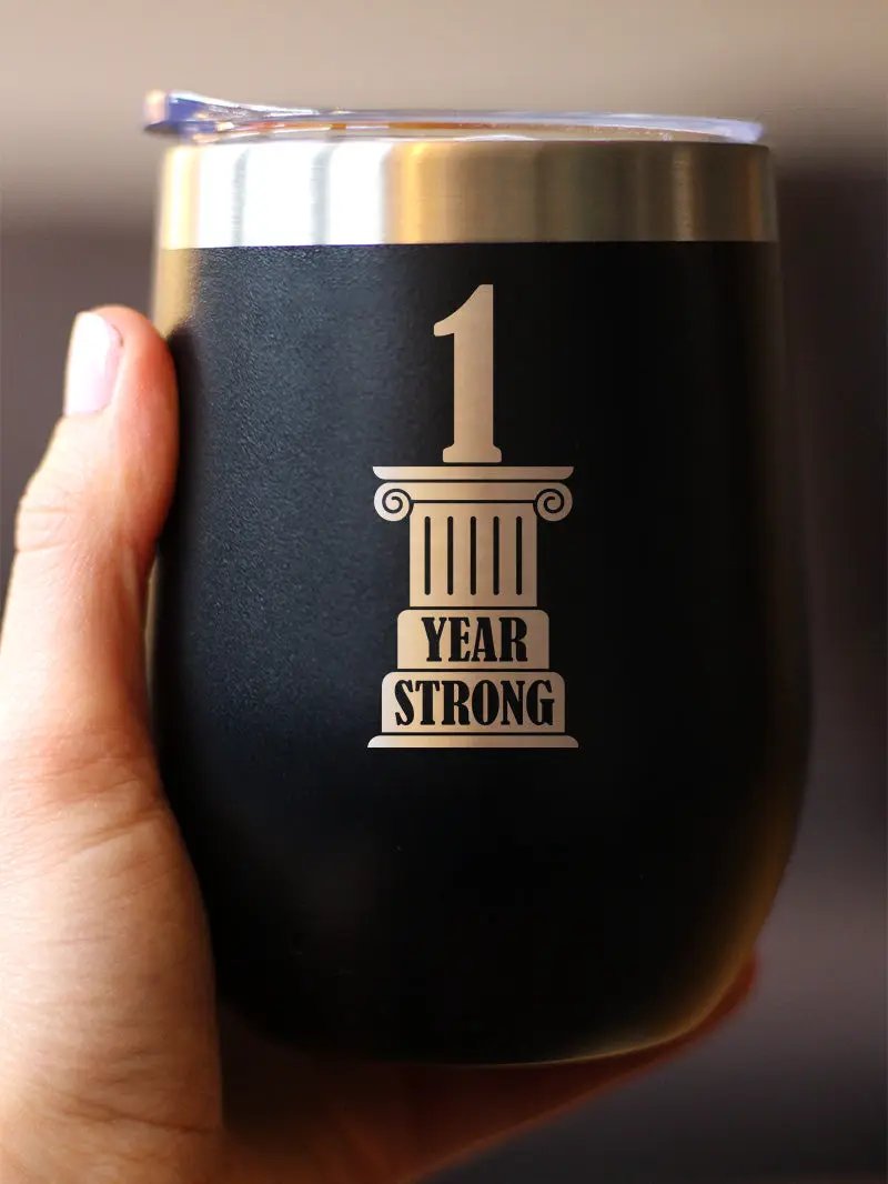 1st Anniversary Party Decor Wine Tumbler | 12 Oz Double Wall Stainless Steel | Sliding Lid | 1 Year Strong