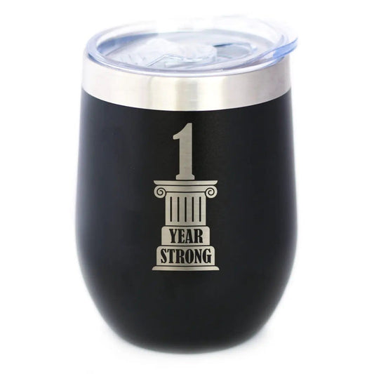 1st Anniversary Party Decor Wine Tumbler | 12 Oz Double Wall Stainless Steel | Sliding Lid | 1 Year Strong