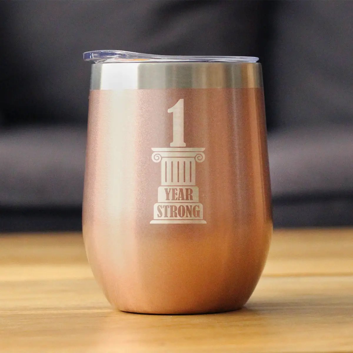 1st Anniversary Party Decor Wine Tumbler | 12 Oz Double Wall Stainless Steel | Sliding Lid | 1 Year Strong