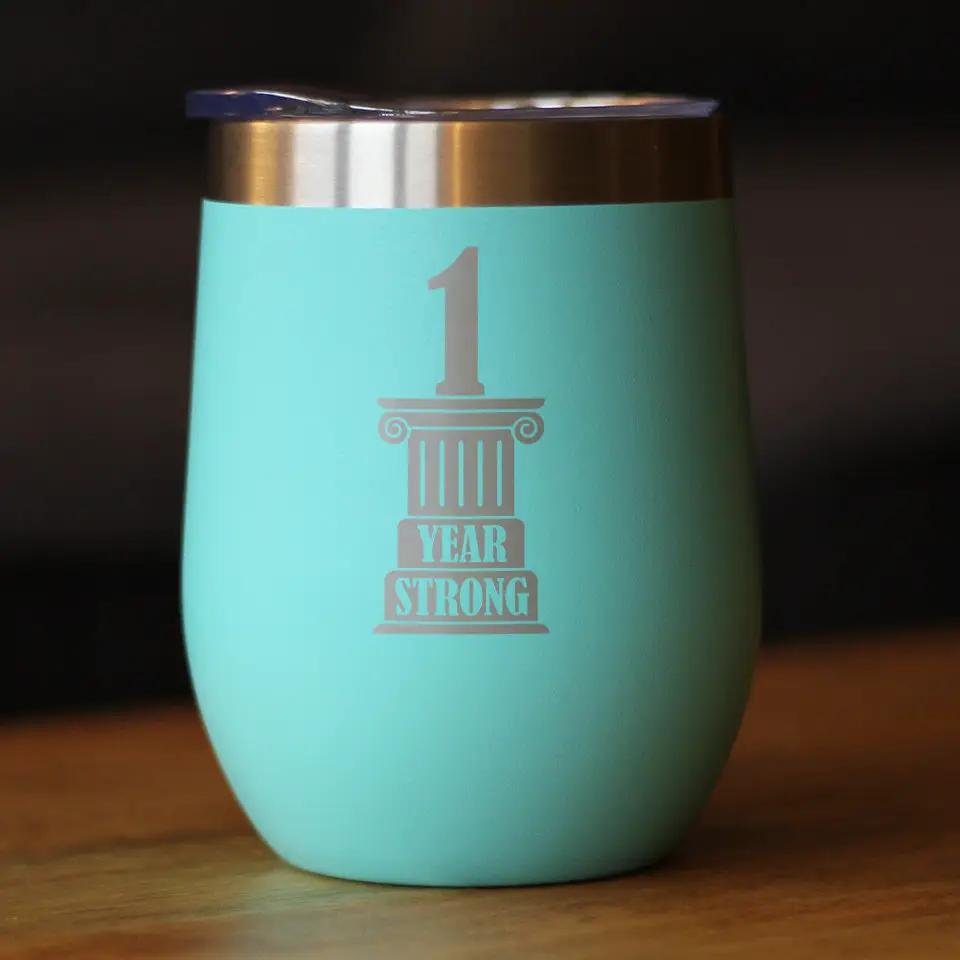 1st Anniversary Party Decor Wine Tumbler | 12 Oz Double Wall Stainless Steel | Sliding Lid | 1 Year Strong