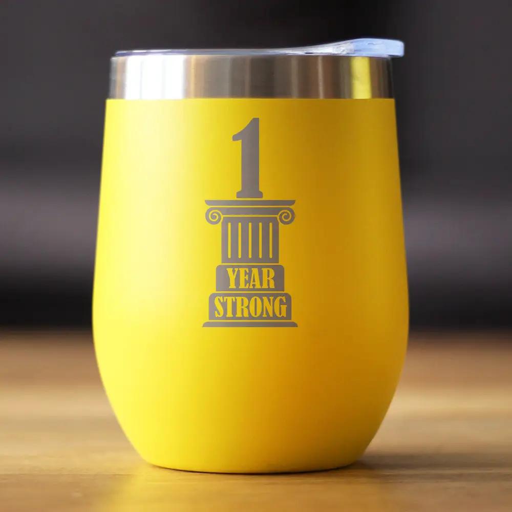 1st Anniversary Party Decor Wine Tumbler | 12 Oz Double Wall Stainless Steel | Sliding Lid | 1 Year Strong