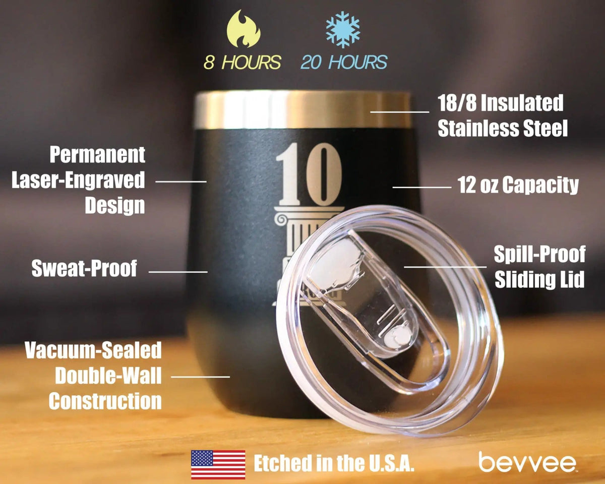 Insulated Coffee Tumbler | 12 oz Stainless Steel | Sliding Lid | 10th Anniversary Party Decor
