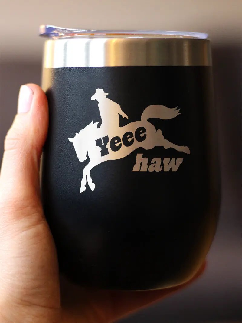Yeehaw Wine Tumbler | 12 Oz Double Wall Stainless Steel | Sliding Lid | Rodeo Party Decorations & Western Home Dec