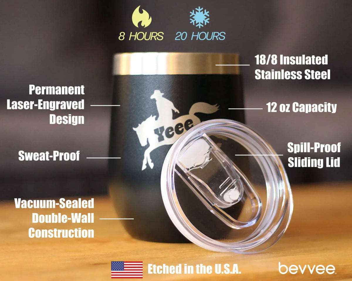 Yeehaw Wine Tumbler | 12 Oz Double Wall Stainless Steel | Sliding Lid | Rodeo Party Decorations & Western Home Dec