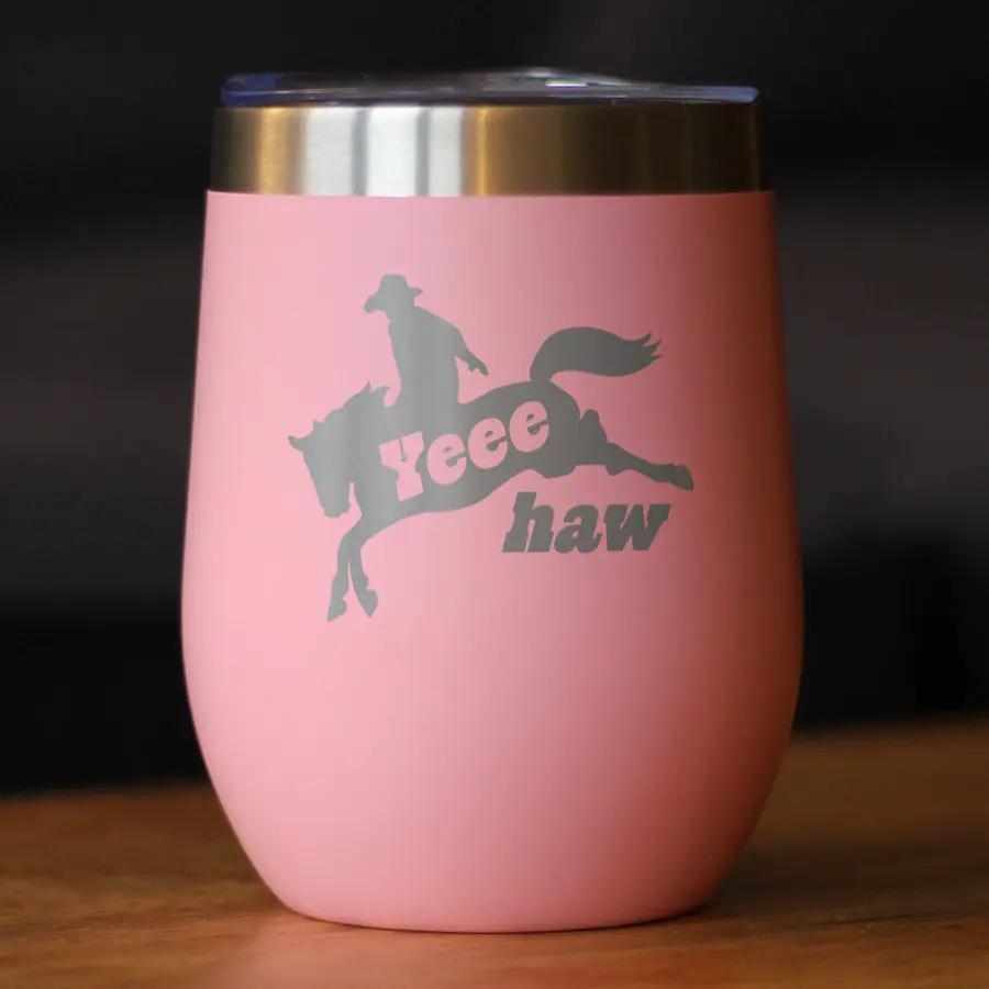 Yeehaw Wine Tumbler | 12 Oz Double Wall Stainless Steel | Sliding Lid | Rodeo Party Decorations & Western Home Dec
