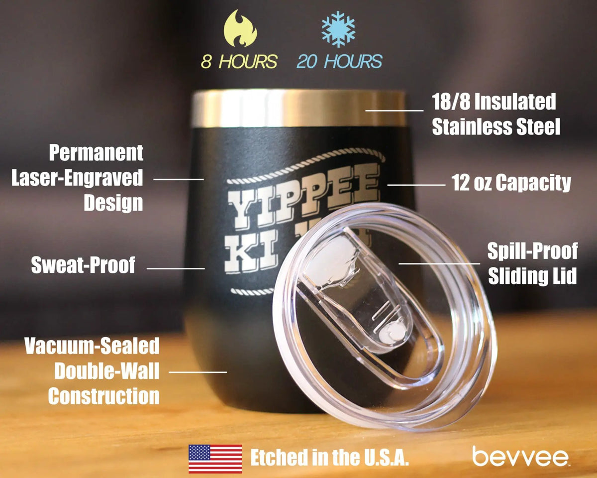 Yippee Ki Yay Wine Tumbler | 12 Oz Double Wall Stainless Steel | Sliding Lid | Country Western Home Decor