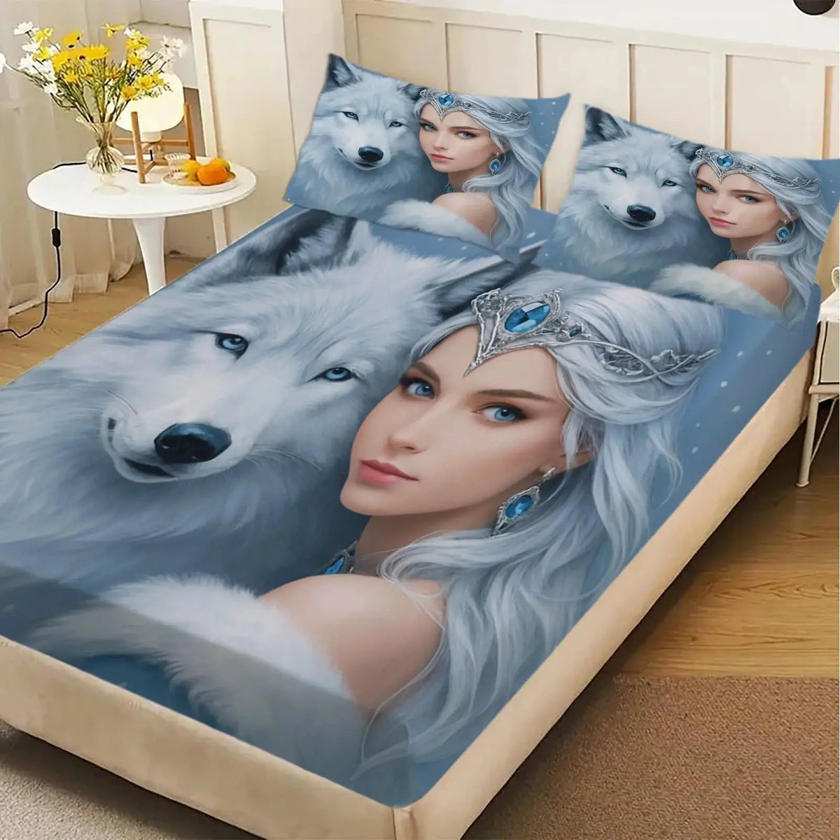 1pc Ice Princess with White Wolf Print Fitted Sheet Deep Pocket Elastic Mattress Cover Single Double Queen King Bedroom Decor from PriceLows™