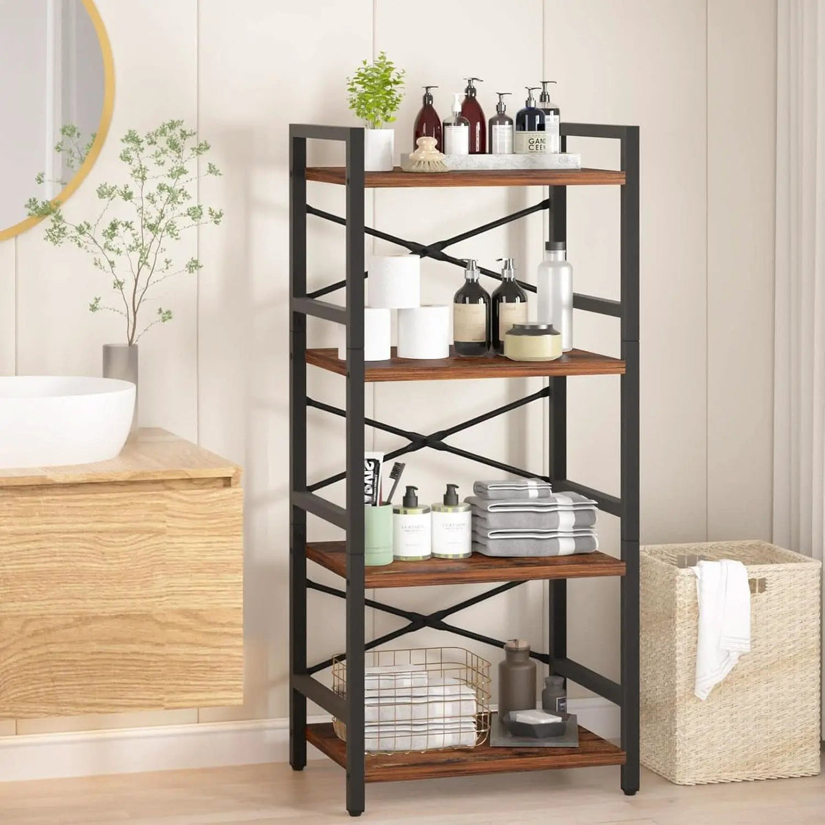 Industrial 4 Tier Narrow Bookcase Berry Brown Space Saving from PriceLows™