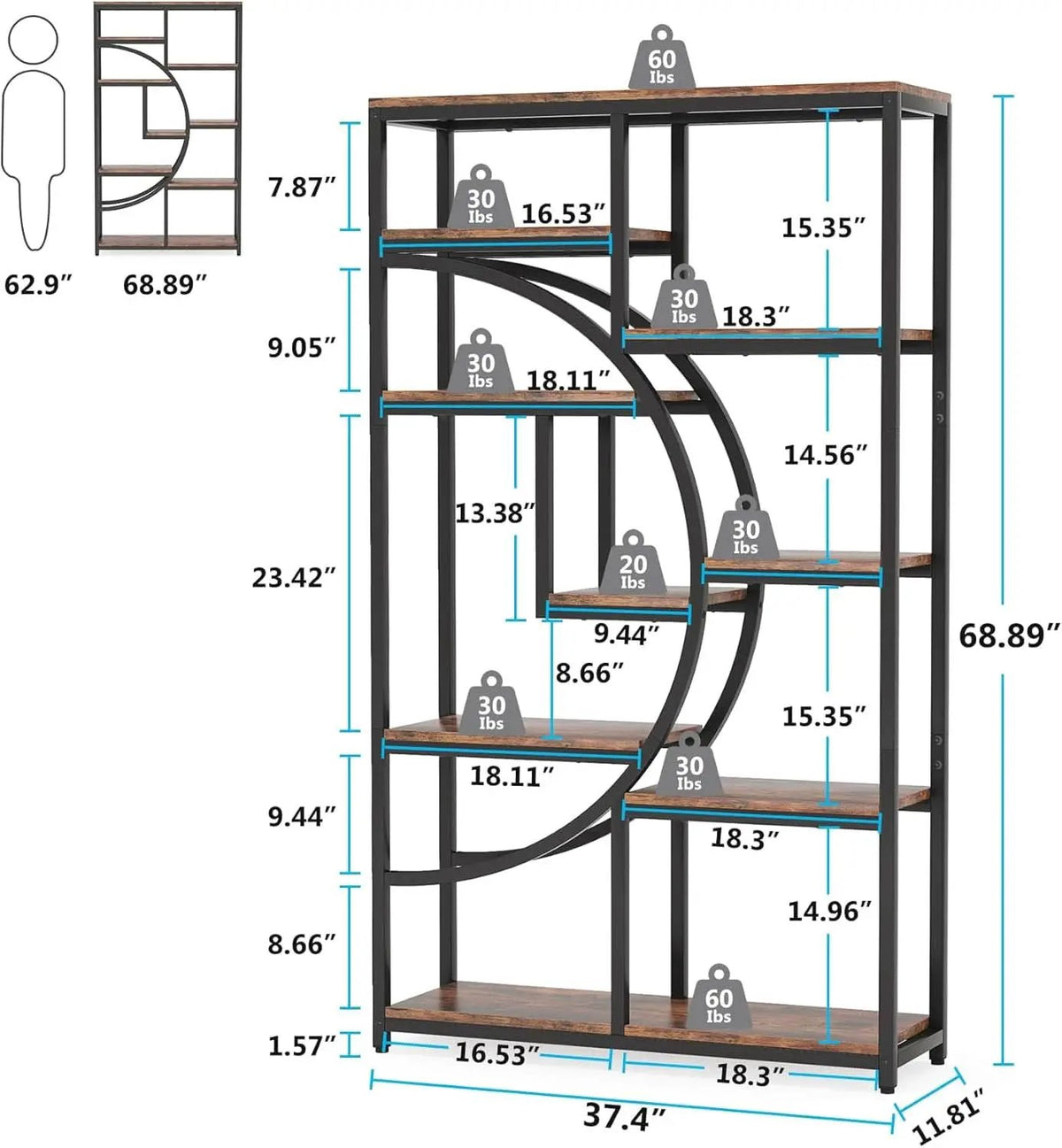 Industrial 5 Tier Etagere Bookcase Brown Rustic Finish from PriceLows™