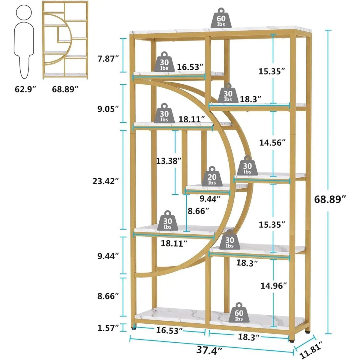 Industrial 5 Tier Etagere Bookcase Gold Frame Shelves from PriceLows™