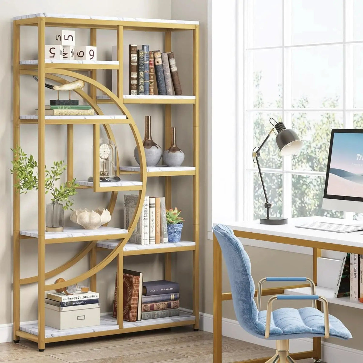Industrial 5 Tier Etagere Bookcase Gold Frame Shelves from PriceLows™