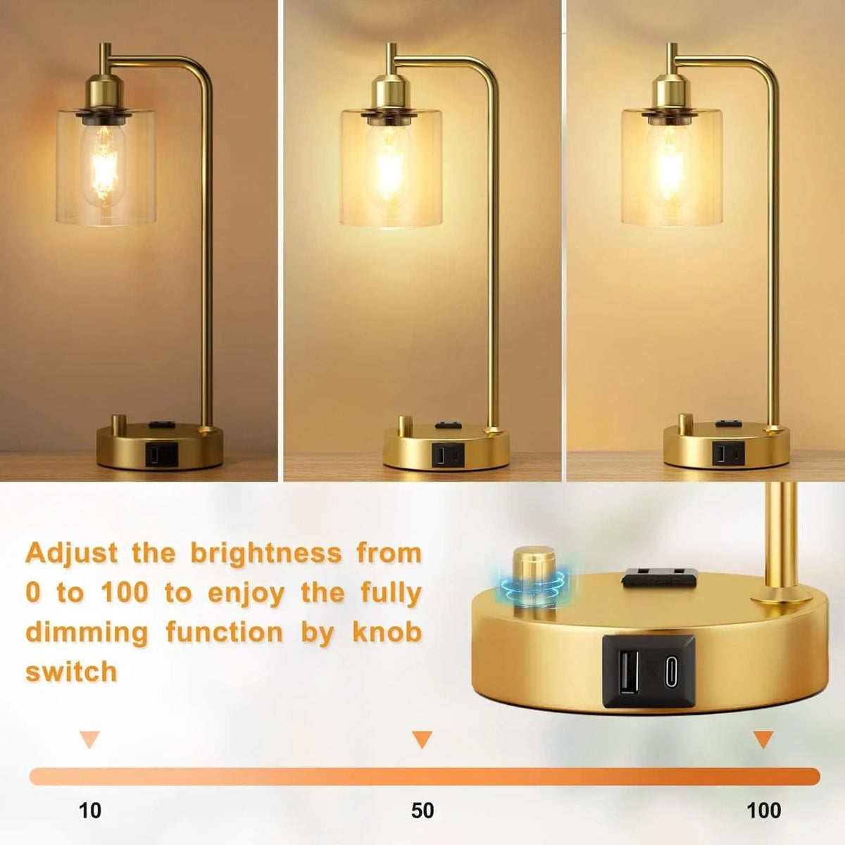 Industrial Dimmable Table Lamps Gold Finish With USB Ports from PriceLows™