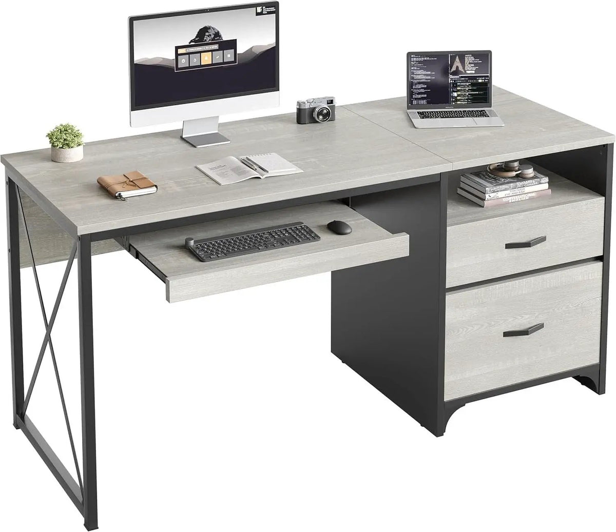 Industrial Office Desk with Storage Drawers and Keyboard Tray from PriceLows™