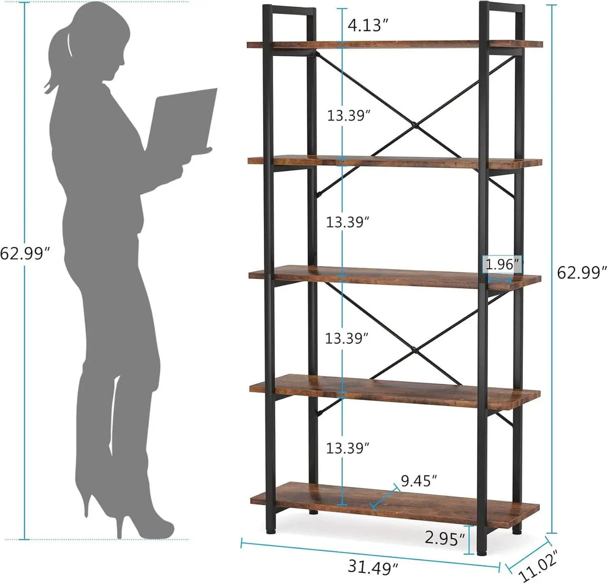 Industrial Rustic 5 Tier Etagere Bookshelf With Metal Frame from PriceLows™