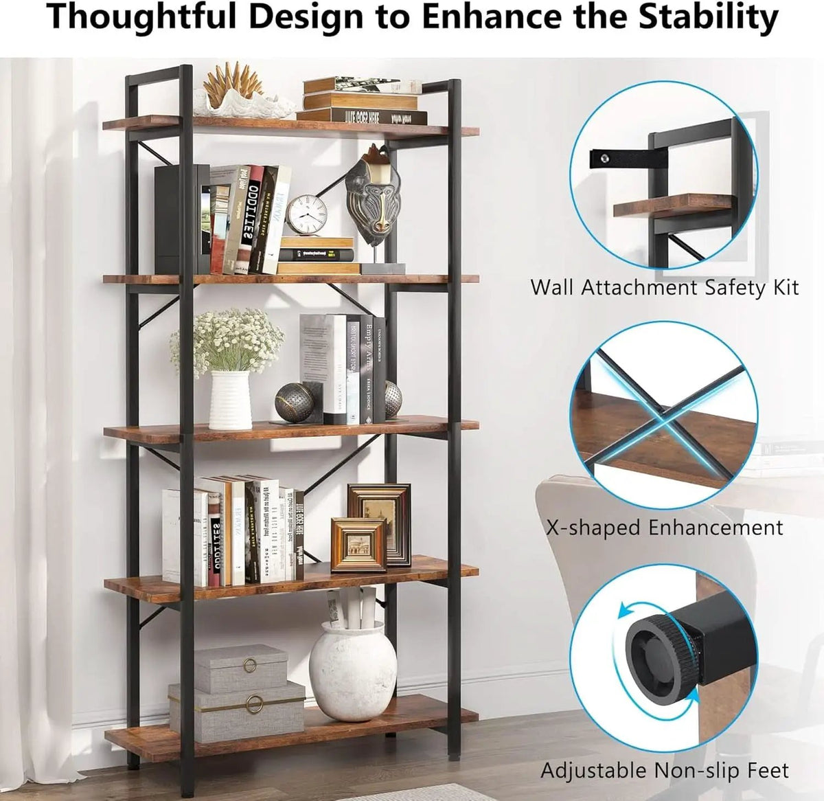 Industrial Rustic 5 Tier Etagere Bookshelf With Metal Frame from PriceLows™