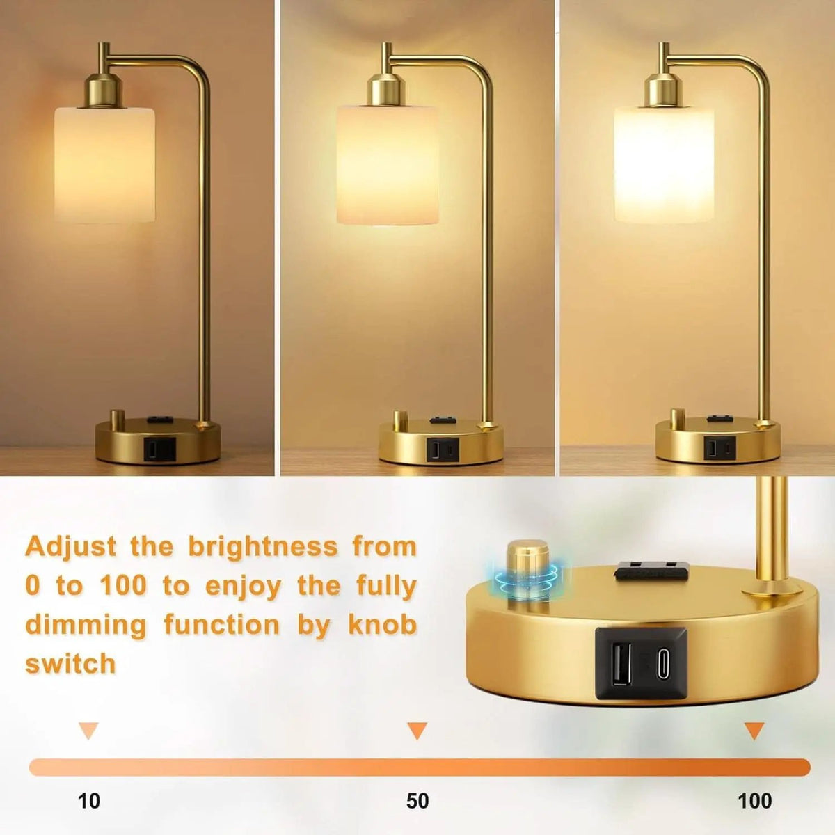 Industrial Table Lamps With USB Ports Dimmable Gold Shade from PriceLows™