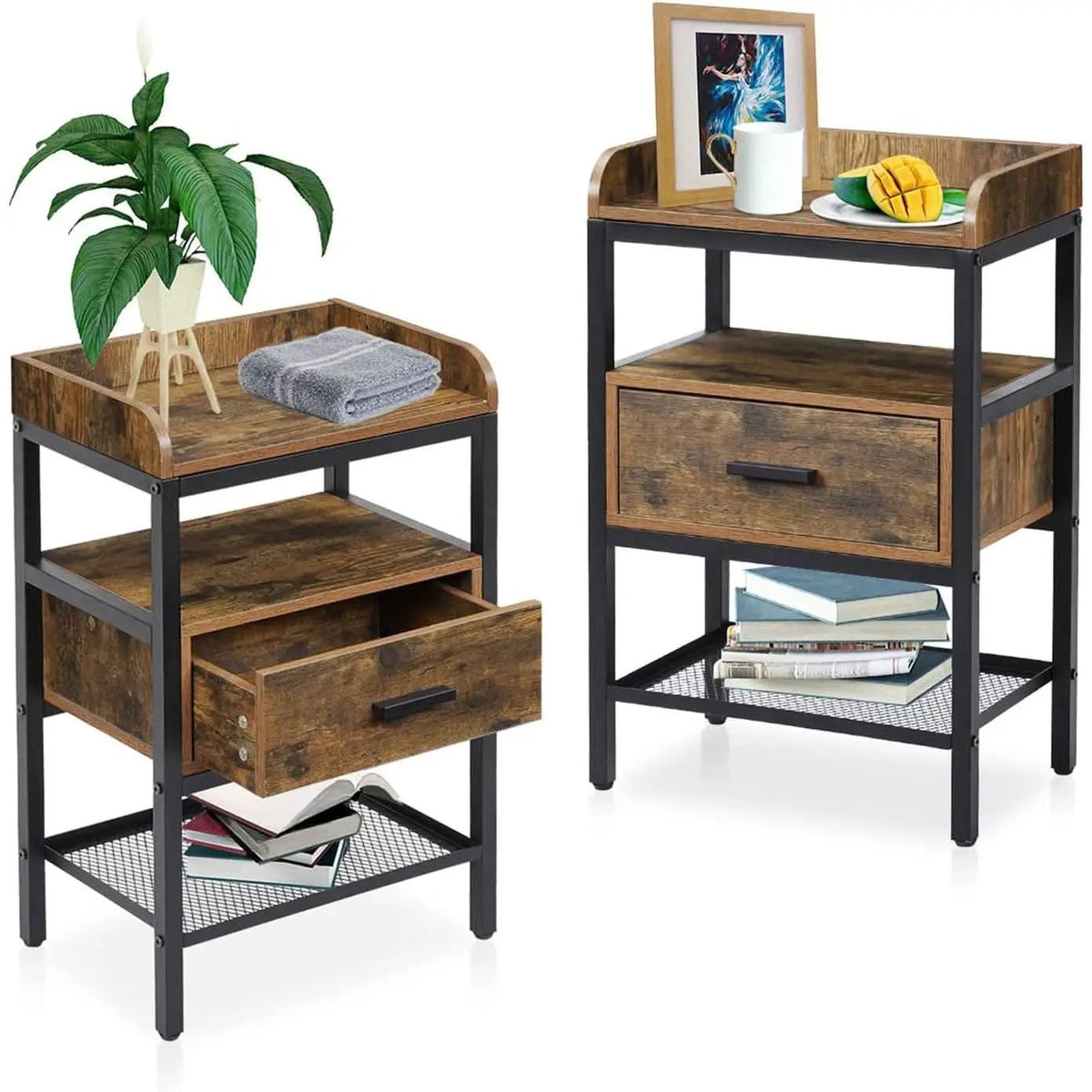 Industrial Three Tier Nightstand Set With Wood Grain Finish from PriceLows™