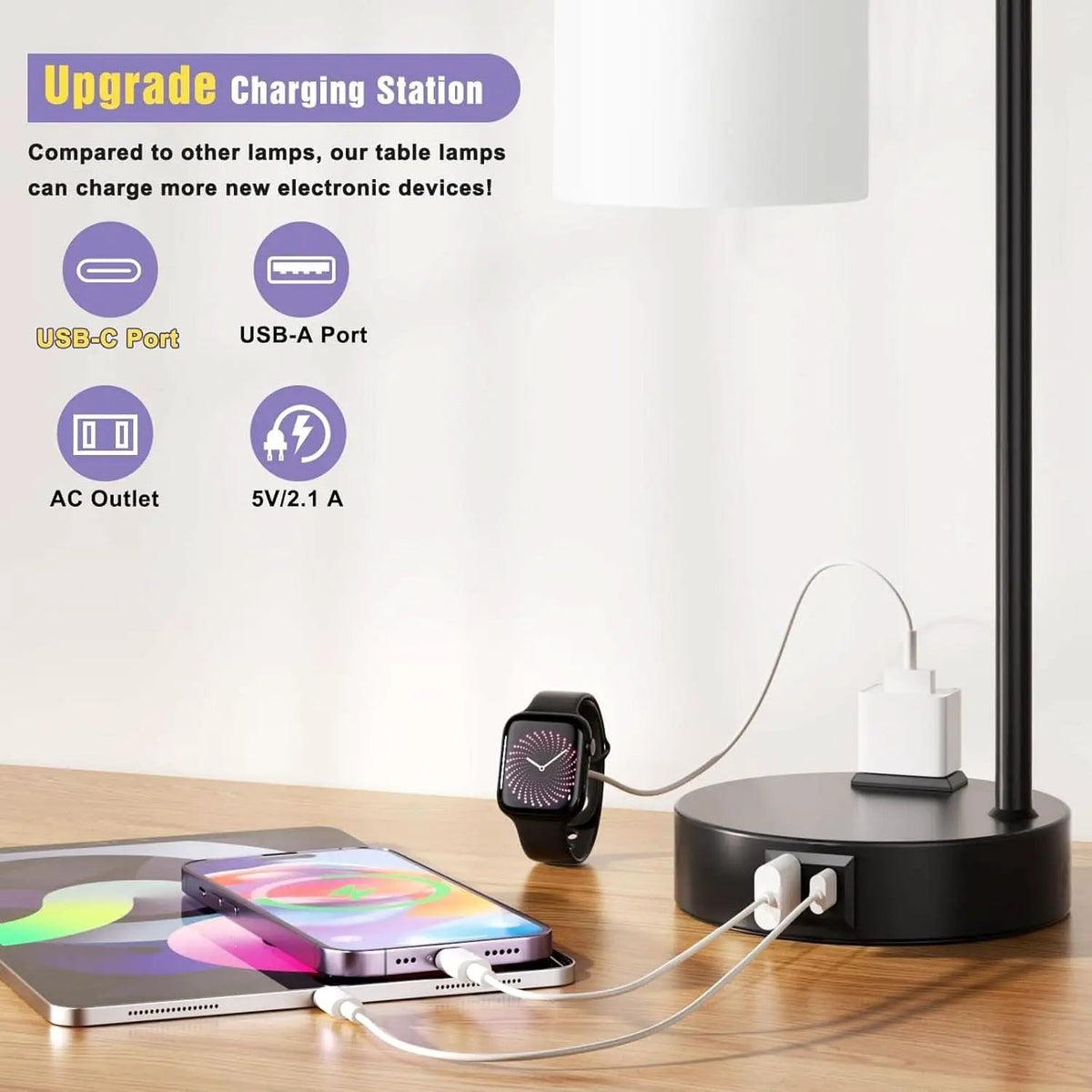 Industrial Touch Bedside Lamps 3-Way Dimmable USB-C from PriceLows™