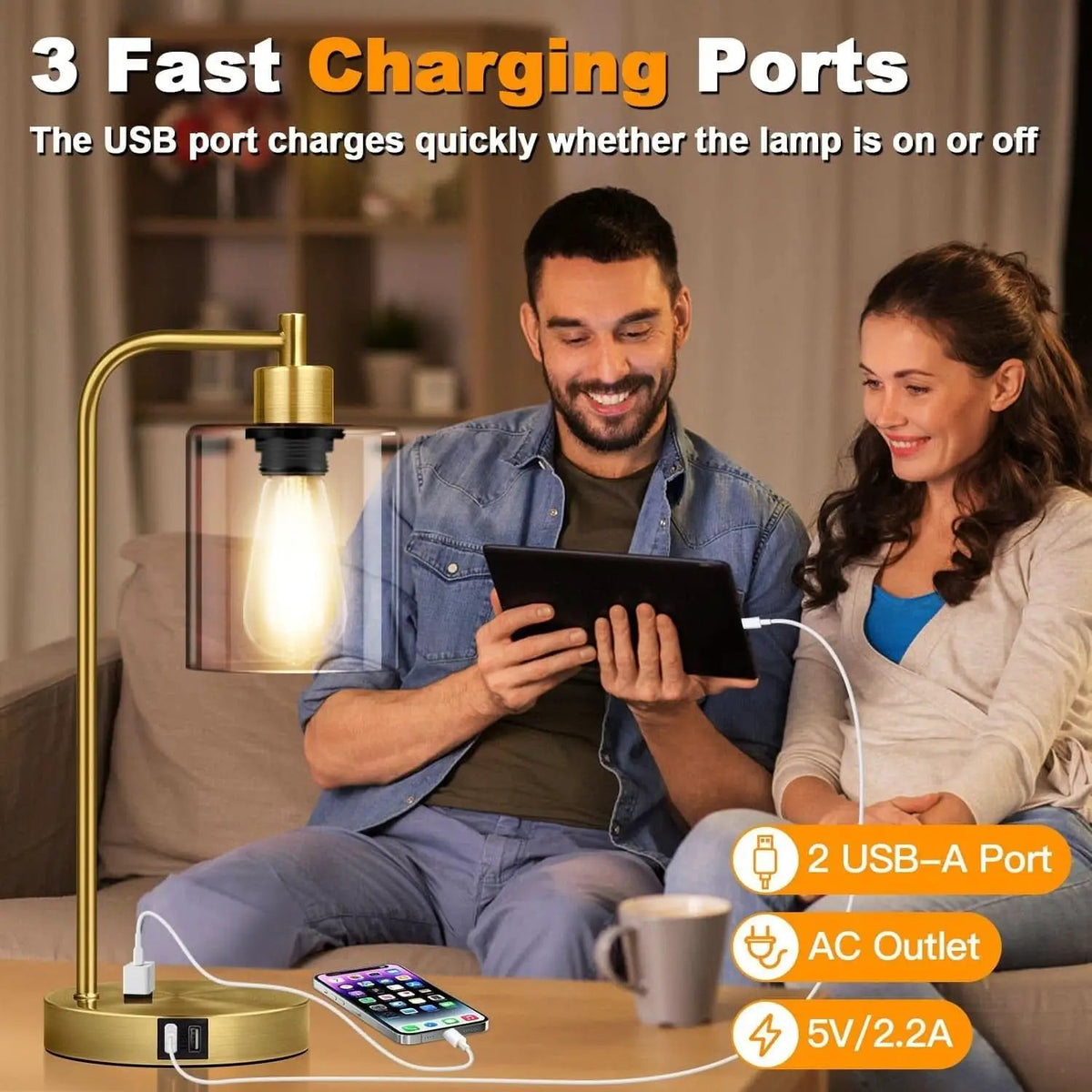Industrial Touch Table Lamps Set Of 2 With USB Ports And AC Outlet Brass from PriceLows™