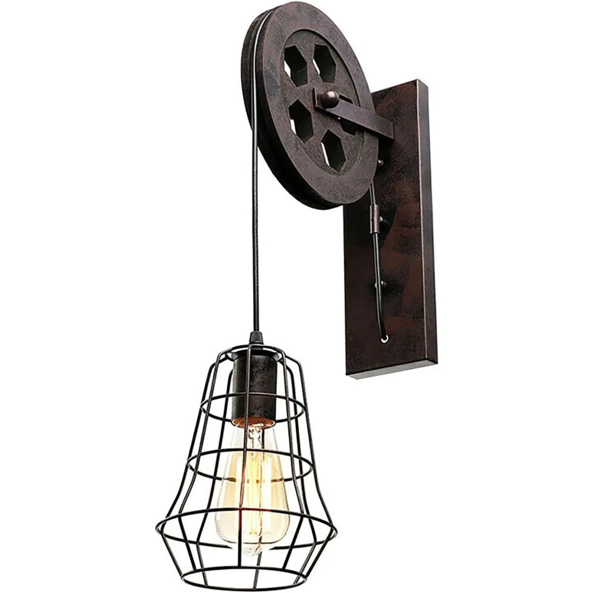 Industrial Wall Sconce Lights Lift Pulley Vintage Farmhouse Mid Century Wall Light with Iron Cage Lampshade for Indoor Lighting from PriceLows™