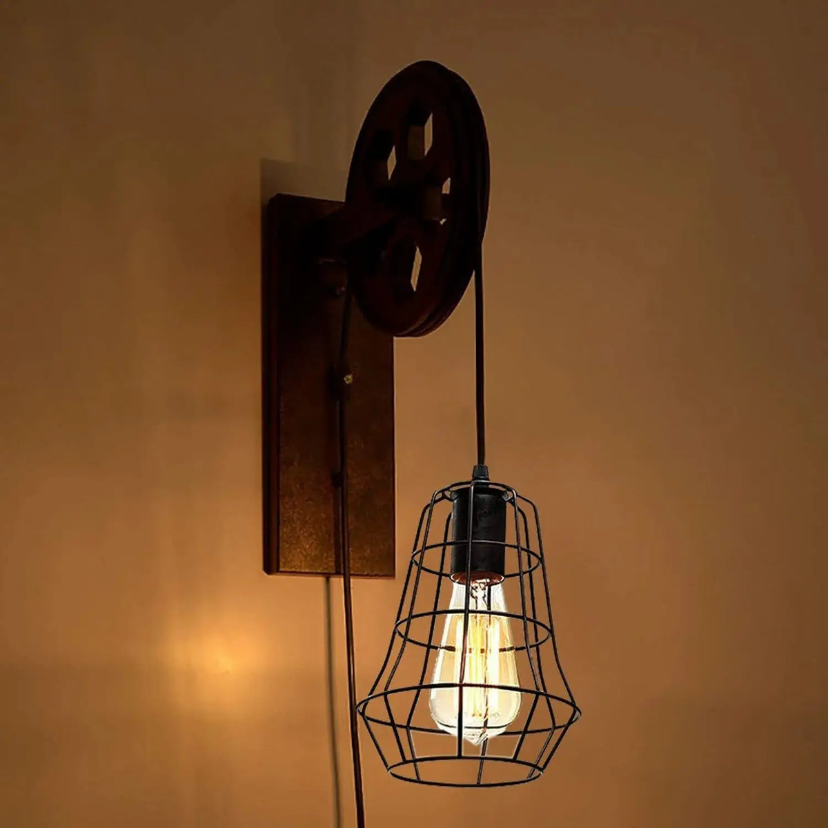 Industrial Wall Sconce Lights Lift Pulley Vintage Farmhouse Mid Century Wall Light with Iron Cage Lampshade for Indoor Lighting from PriceLows™