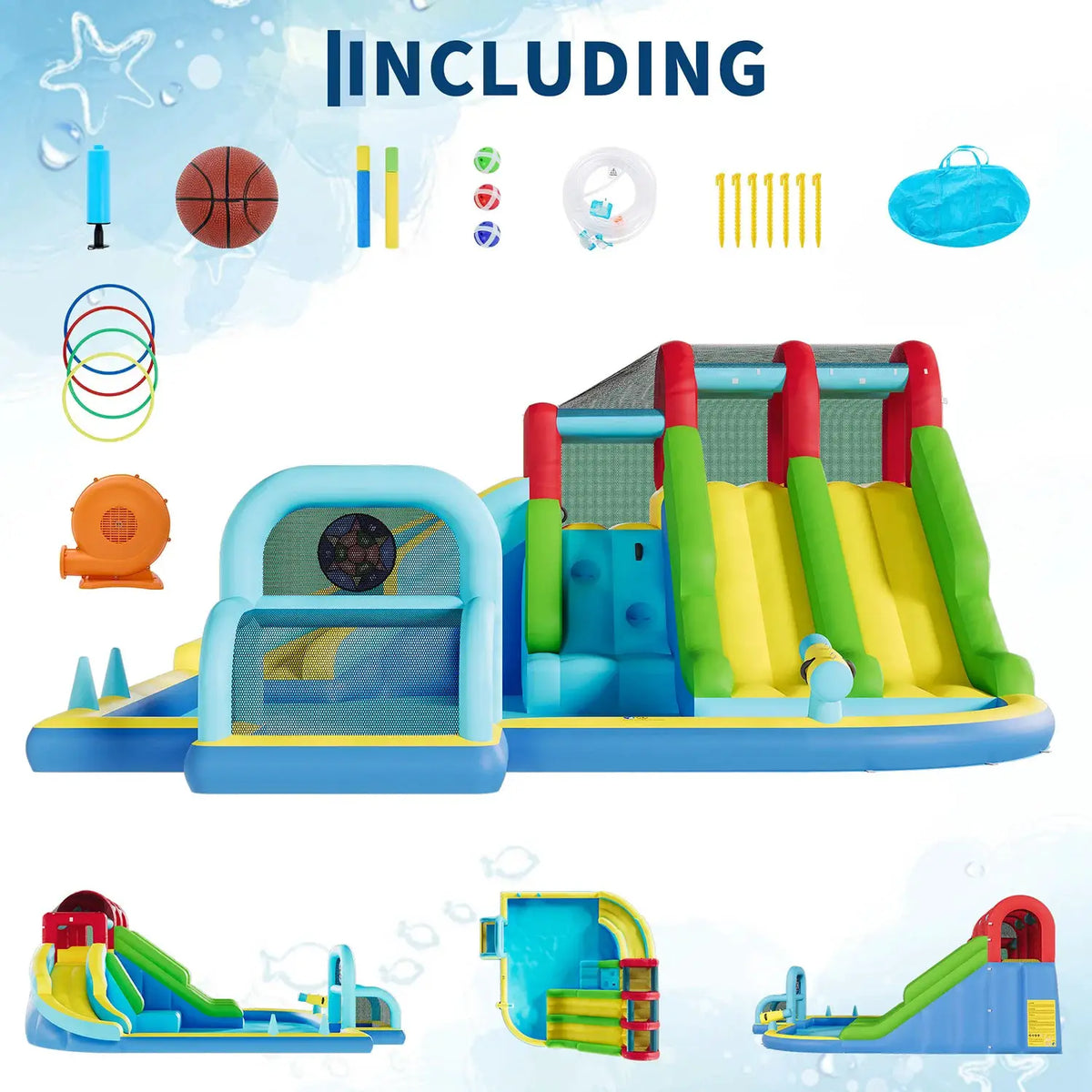 Indoor Outdoor Inflatable Bounce Castle w/3 Water Slides, Oxford Bounce Play Center for Kids Kindergarten Backyard Water Sports from PriceLows™
