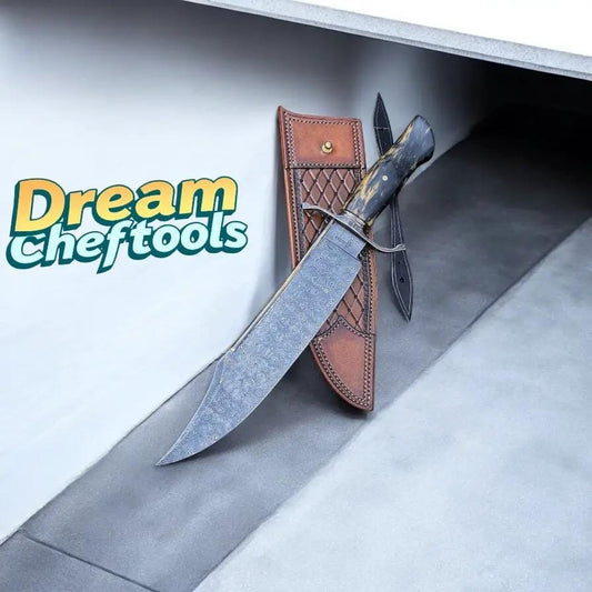 "Ironclad Huntsman Bowie Knife - Damascus Steel, Resin Handle & Leather Sheath" | Damascus Steel | Custom handmade bowie Knife | Home