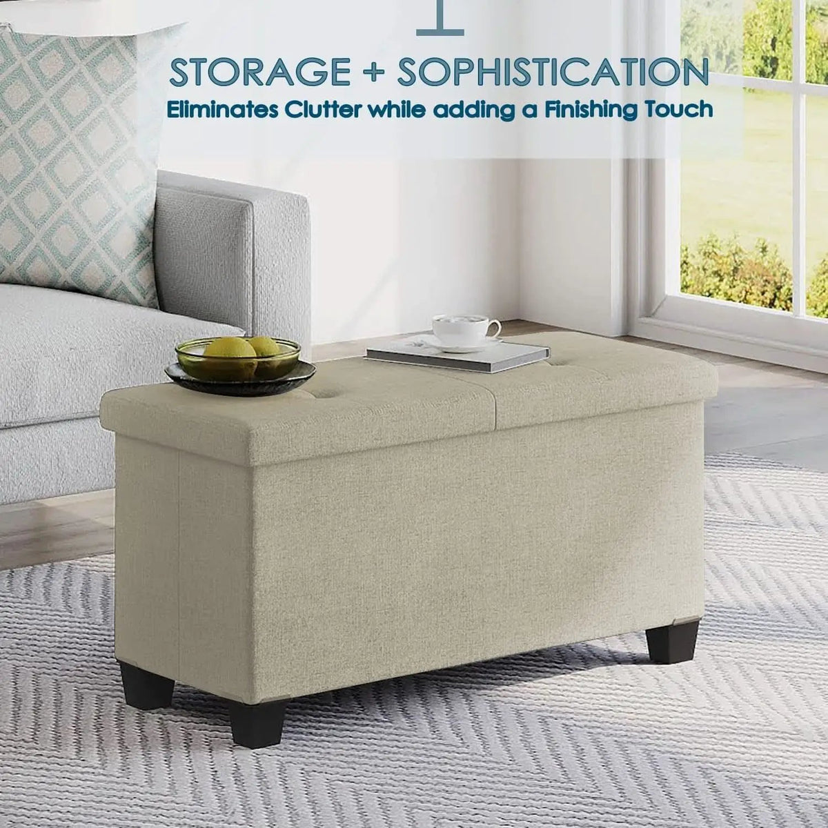 Ivory Linen Ottoman With Removable Storage Bins For Living Room from PriceLows™