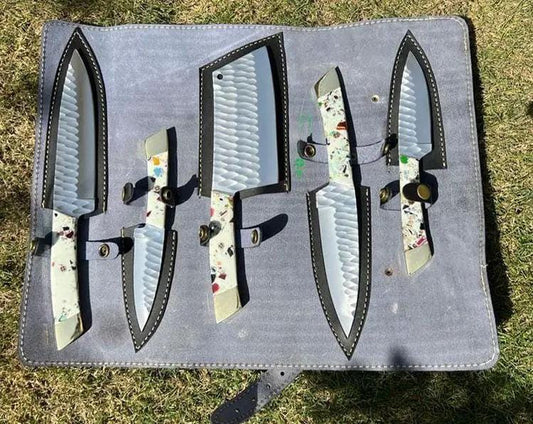 Hand Forged J2 Steel Kitchen Knife Set | 5 Knives | Resin & Brass Handles