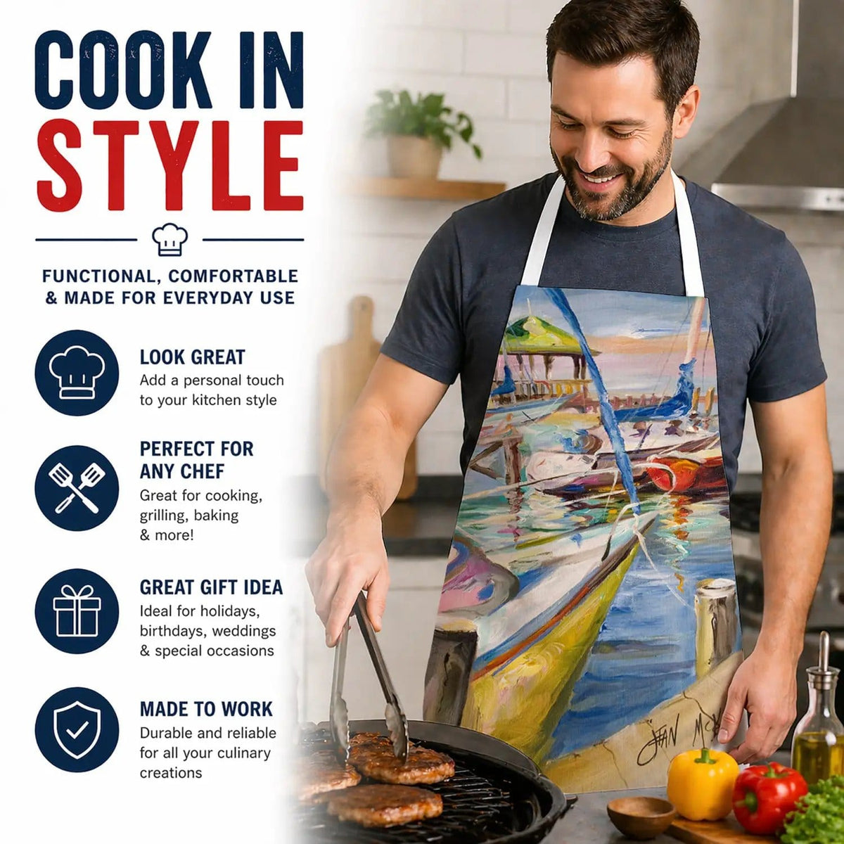 Kitchen Apron | Bib Style Unisex | 27"W x 30"H | Boat Docks Sailboats
