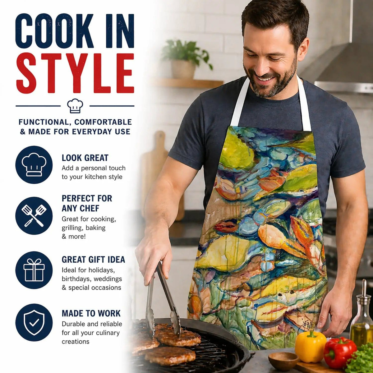 Kitchen Apron | Bib Style Unisex | 27"W x 30"H | Jubilee Crabs