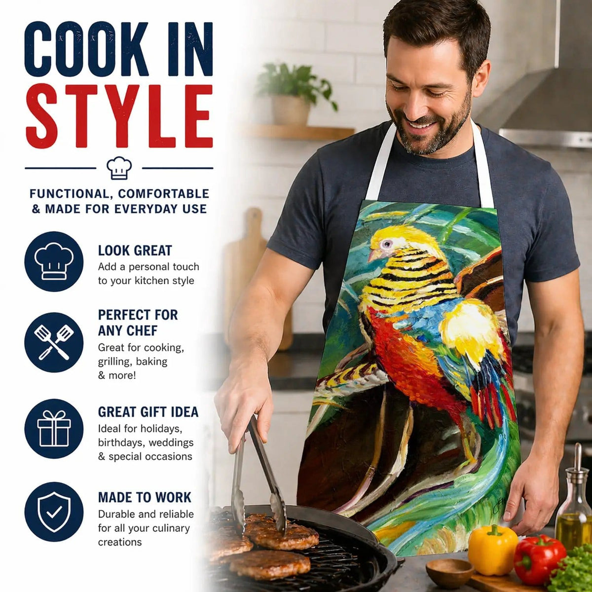 Kitchen Apron | Bib Style Unisex | 27"W x 30"H | Mandarin Pheasant