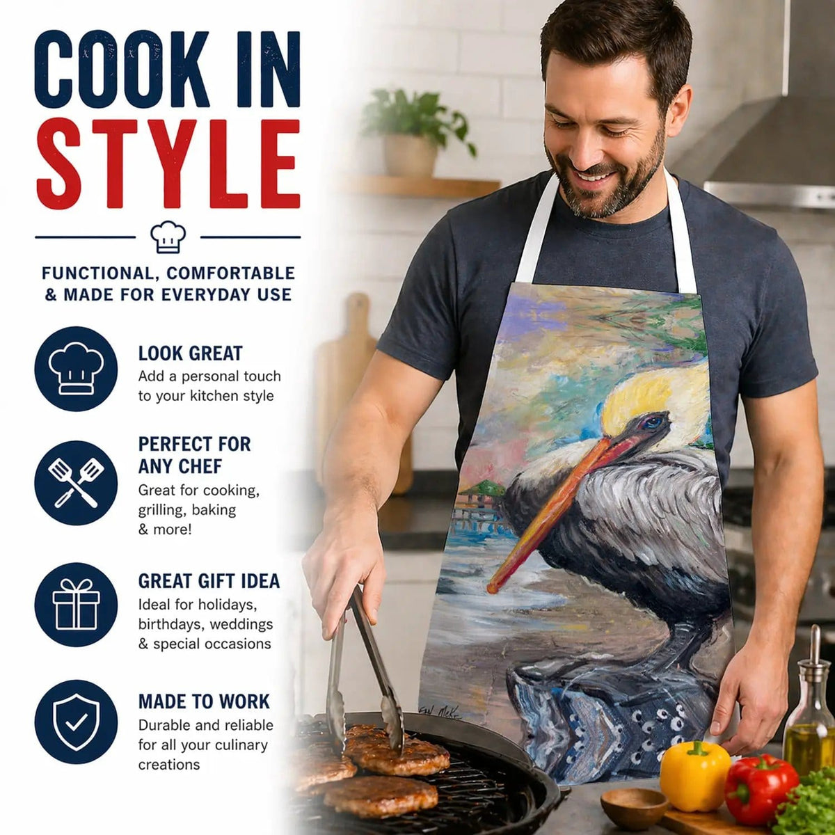 Kitchen Apron | Bib Style Unisex | 27"W x 30"H | Bay View Pelican